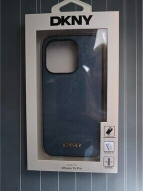DKNY Blue Leather iPhone 15 Pro Case with Gold Logo